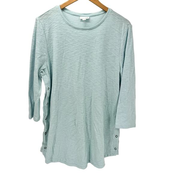 J Jill Tunic Womens Medium Blue Pullover 3/4 Sleeve Snap Side Detail Cotton Knit - Picture 1 of 8